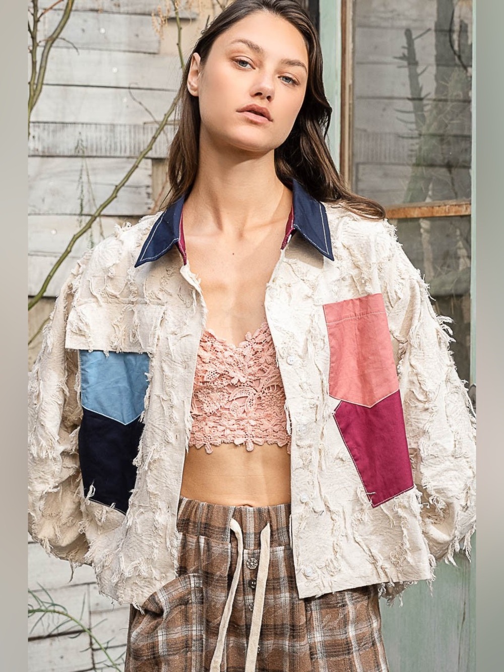 POL Patchwork Textured Top/Shacket